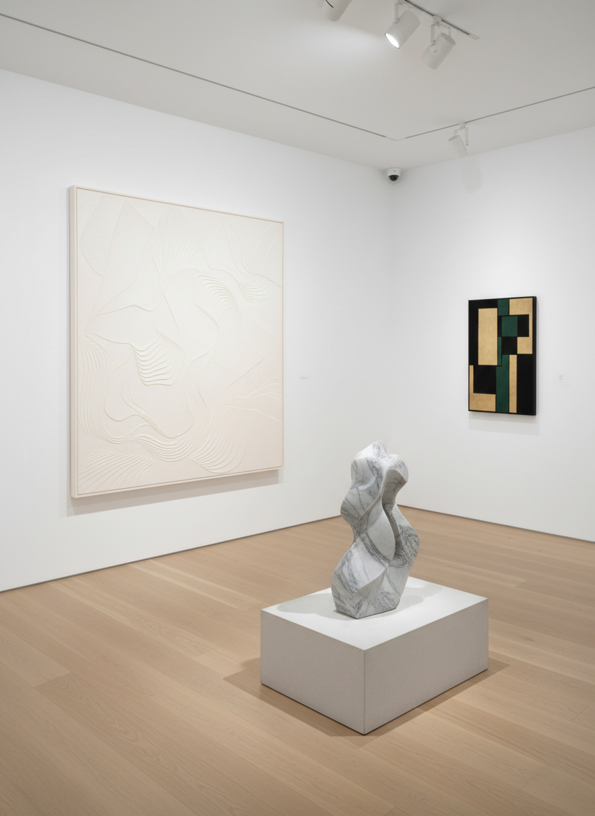 A refined exhibition vignette in a contemporary gallery: three contrasting artworks arranged in balanced dialogue. On the main wall, a minimalist monochrome canvas in layered whites with subtle texture; beside it, a smaller geometric work in black, gold, and deep green; on a low plinth in the foreground, a polished stone sculpture with clean, abstract curves and a cool gray veining. The gallery floor is pale oak, smoothly finished, reflecting faint glimmers of light. Track lighting above creates precise, controlled spots on each piece, with soft-edged shadows on the floor. The atmosphere is intellectual and curated, with photographic realism captured from a three-quarter angle using a moderate depth of field, guiding the eye through the spatial relationships between works.