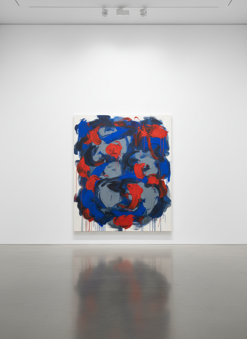 A luminous white cube gallery space displaying a single large-scale contemporary painting: a bold, gestural abstraction in ultramarine blue, cadmium red, and smoky gray, layered with visible brushstrokes and drips on a pristine canvas. The work hangs alone on a flawless wall, with ample negative space around it, above a softly reflective polished concrete floor. Overhead recessed lighting casts a focused, even beam on the artwork, enhancing color saturation and surface texture while leaving the surrounding space gently subdued. Captured from a frontal, eye-level perspective in sharp photographic detail, the composition is centered and symmetrical, creating an atmosphere of reverence, intellectual focus, and understated elegance suitable for a high-end contemporary gallery.
