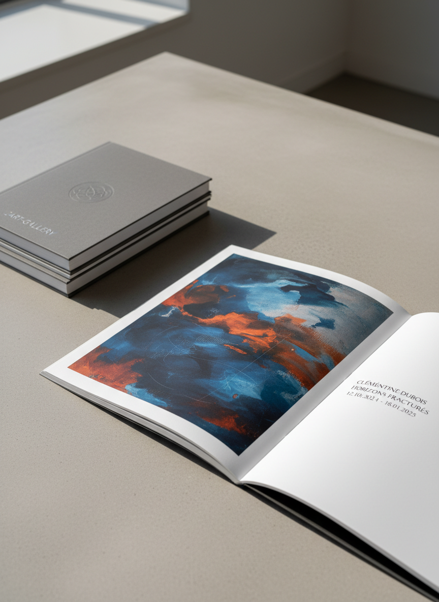 A photographic-realistic close-up of a contemporary art exhibition catalogue lying open on a fine-grain concrete tabletop in a minimalist gallery office. The thick, matte pages reveal a full-bleed reproduction of an abstract painting with layered blues, rust oranges, and delicate pencil marks, alongside crisp, finely spaced typography in French describing the artist and exhibition dates. Nearby, a small stack of closed catalogues with textured, soft-touch covers shows a sophisticated “2ART-GALLERY” title and a subtle blind-embossed logo. Soft afternoon daylight enters from a side window, creating gentle highlights on the paper fibers and understated shadows along the book’s spine. Shot from a slightly elevated macro perspective, the mood is refined, intimate, and scholarly, emphasizing the gallery’s editorial and curatorial identity.