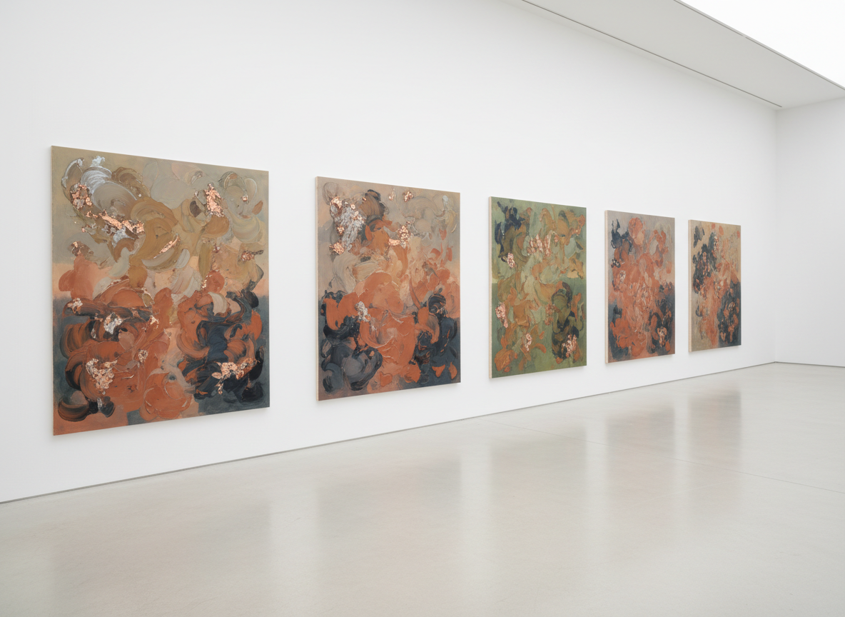 A pristine, white-walled contemporary art gallery interior, featuring a sequence of large abstract canvases in muted earth tones and deep charcoals, each with rich impasto textures and subtle metallic accents. The artworks are precisely aligned along a long, immaculate wall above a pale concrete floor with a satin finish. Soft, diffused natural daylight enters from an unseen skylight, creating gentle, even illumination and barely-there shadows along the baseboards. The mood is sophisticated, calm, and contemplative, emphasizing space and silence. Photographed at eye level with a wide-angle lens, the composition follows a clean, minimalist aesthetic with strong linear perspective leading toward the back of the gallery, rendered in high-resolution photographic realism.